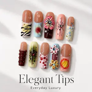 Press On Nails, Medium Square Acrylic Nails, 10 Pieces, Hand-Painted 3D Flower Designs with Rhinestones, Charms, and Mixed Art Patterns, Luxury Reusable Fake Nails for Women, Salon Quality Press-On Manicure Set