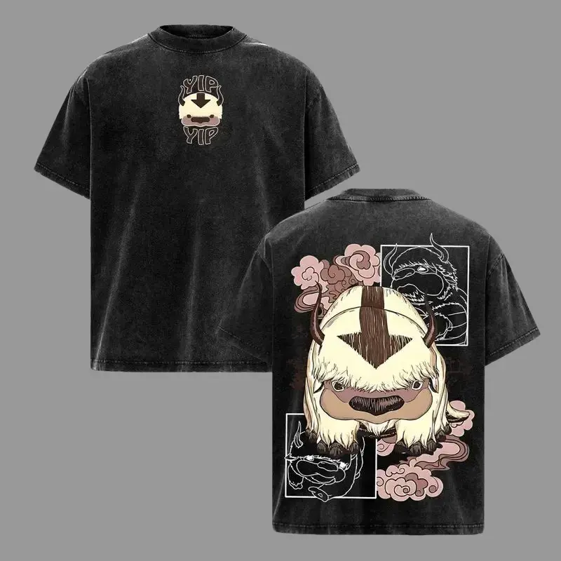Men's Relaxed Retro Cute Premium Cotton Short-Sleeve Tops - Pre-Washed Oversized Heavyweight Menswear T-Shirt with Appa Avatar The Last Airbender Yip Yip Logo Graphic Print, Unisex Grunge Streetwear Gift