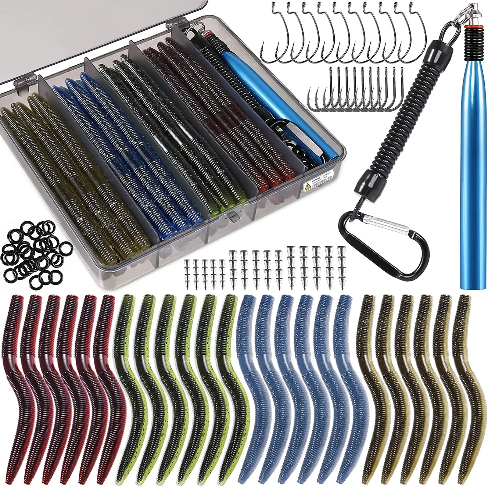 133PCS Wacky Worm Lure Set - Soft Plastic Baits, Grub Lures, Wacky Rig Hooks, O-Rings, Weed Guard Hooks, Freshwater Fishing Tackle Box, Suitable for Bass and Trout, Includes Wacky Rig, Carolina Rig, Texas Rig, Soft Stick Baits, and Fishing Tools