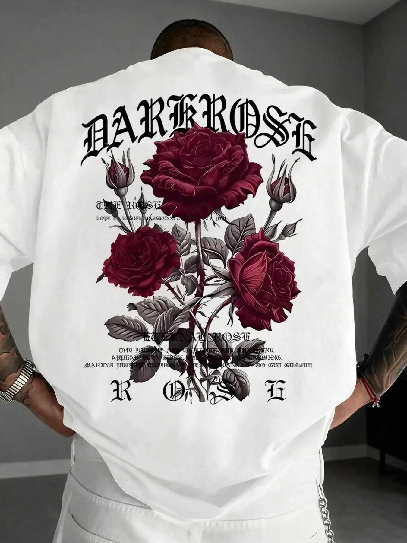 Men's Classic Cotton Short-Sleeve Graphic T-Shirt - Casual Streetwear, Burgundy Rose Print, Crew Neck Hip Hop Style Top