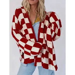 [LTO]Women'S Checkerboard Print Drop Shoulder Cardigan, Casual Fit Long Sleeve Open Front Knitwear For Fall & Winter, Women'S Knit Clothing For Daily Wear