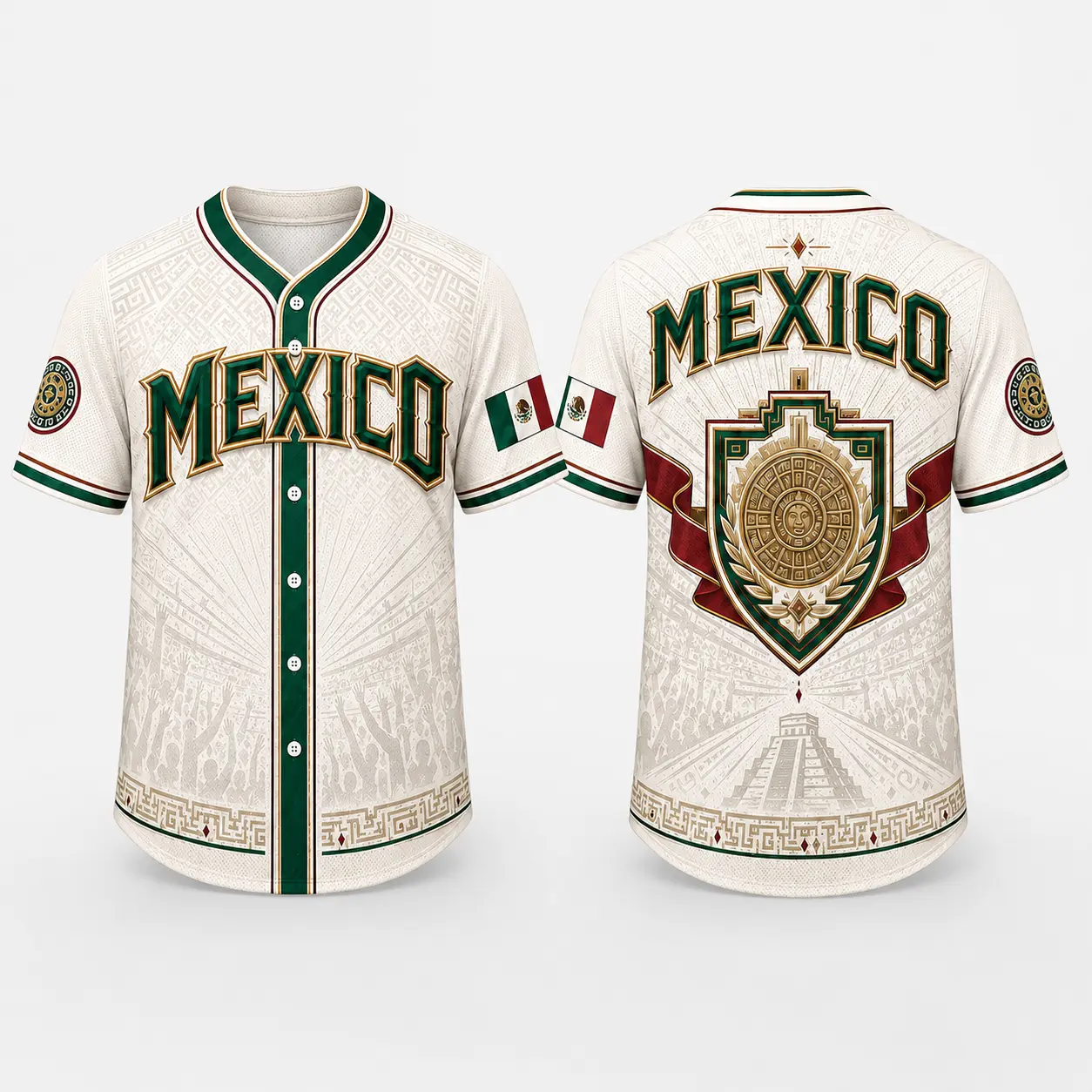 Male Mexican-Inspired Short-Sleeve Button-Up Outdoor Top - Cream White, Ethnic Pattern, Geometric Sun Stone Emblem, Casual Sporty Shirt for Cultural Events, Watch Party, TikTok Shop Back to School, Outdoor Tops