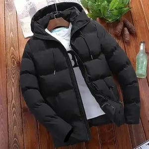 Men's oversized hooded padded jacket - autumn and winter thick solid color casual cotton jacket
