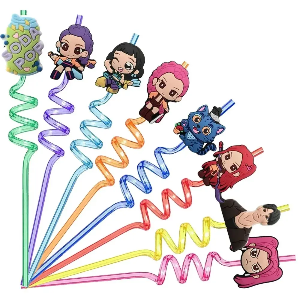 Cute Girl Group Cartoon Anime Straws, Reusable Plastic Spiral Straws, Suitable for Children's Birthday Party Decoration Straws