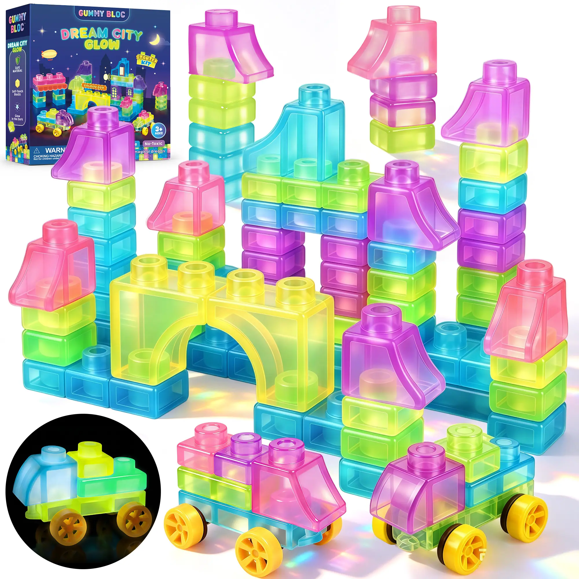 JoySpot Jelly Building Blocks 57 PCS Soft Glow in The Dark Building Blocks for Toddlers, Dream City Glow Kit, Squishy Sensory Stacking Toy with 2 Buildable Vehicles, Montessori STEM Preschool Gift for Boys Girls