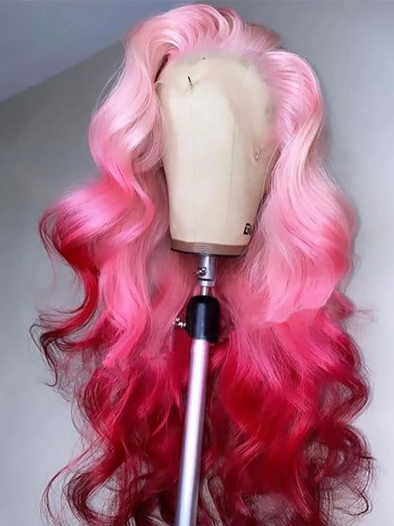 Ombre Pink to Red Pink Two-Tone Color 28" Body Wave Synthetic Lace Front Wig - Glueless Frontal Wig 13x4 Transparent Lace, Heat Resistant Synthetic Hair with Adjustable Cap for Women, Parties & Music Festivals