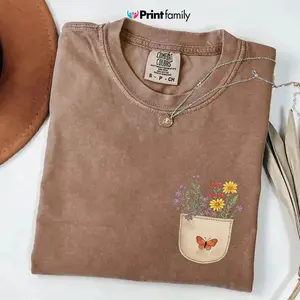 Comfort Colors Wildflower Pocket Shirt, Cute Butterfly Flower Tee, Cottagecore Floral Graphic Shirt, Nature Lover Gift - Printfamily
