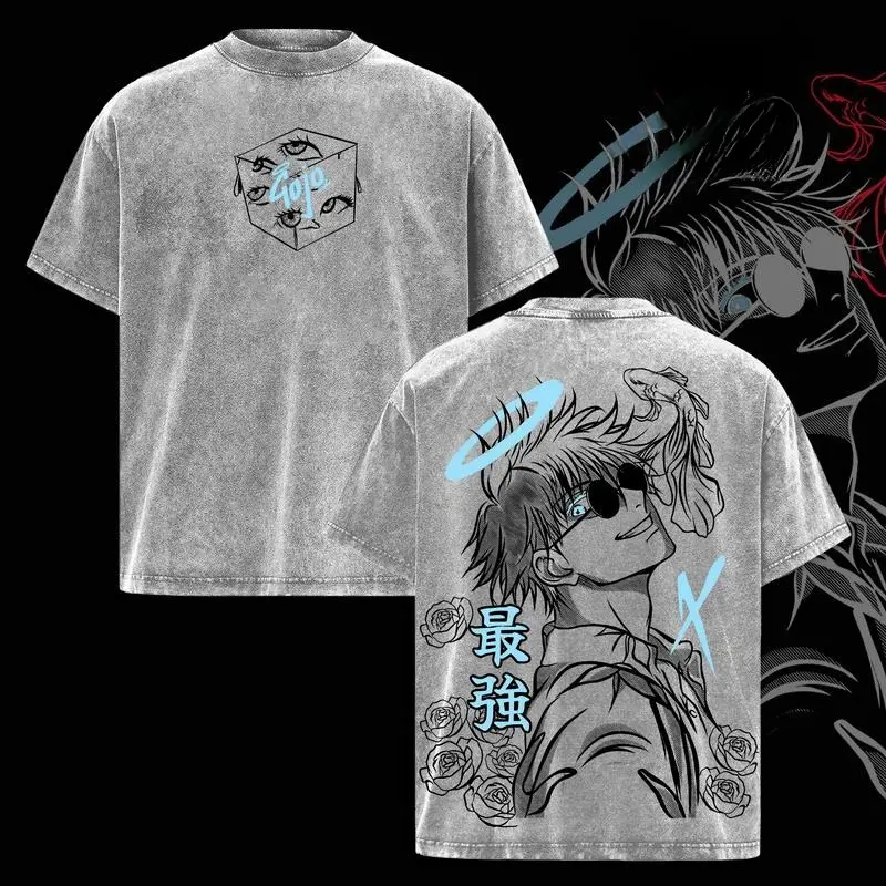 Men's Fitted Vintage Distressed Soft Cotton Oversized Anime Figure Graphic Short-Sleeve Round Neck Streetwear T-Shirt for Festive, Casual Occasions