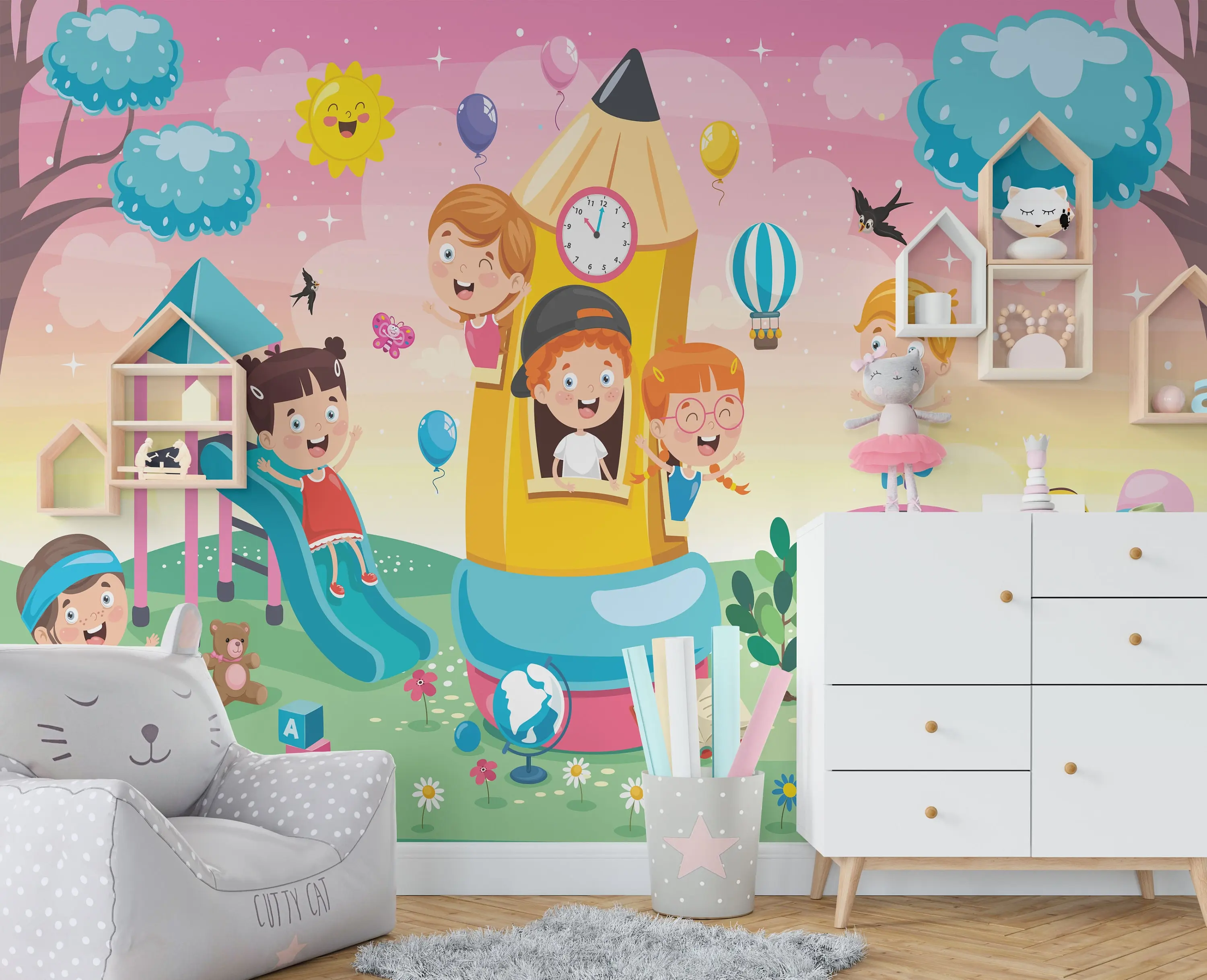 Whimsical Playground Fun: Vector Peel and Stick Children's Wallpaper - Ideal for Schools, Daycare and Playrooms