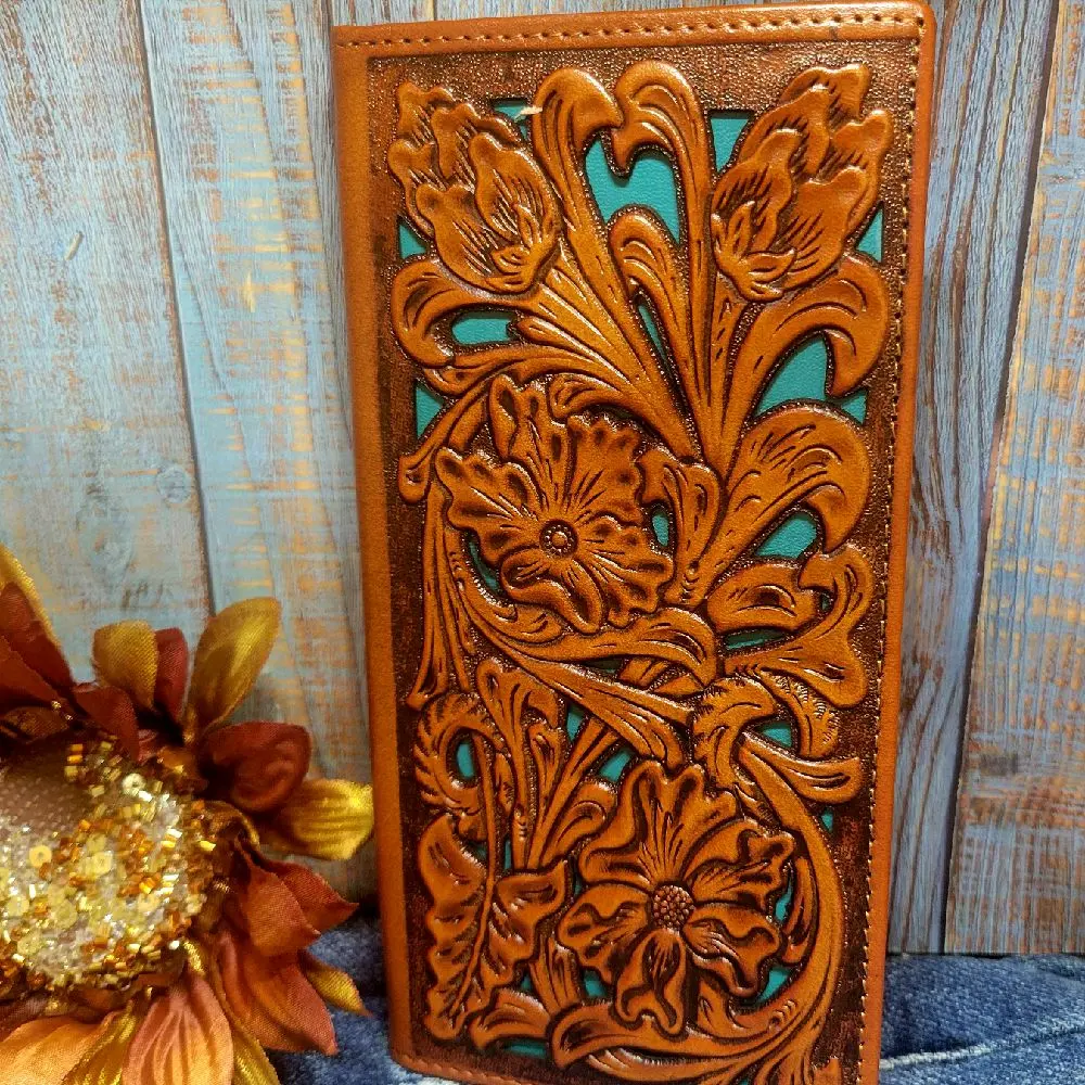 Western wallet Cowboy wallet genuine leather lasercut brown and teal two layered wallet