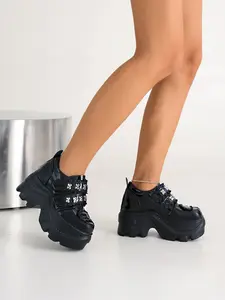 Women's Shiny Platform Shoes, Metal Bow Velcro Thick Sole, Sweet Cool Style Height Increasing Dad Shoes