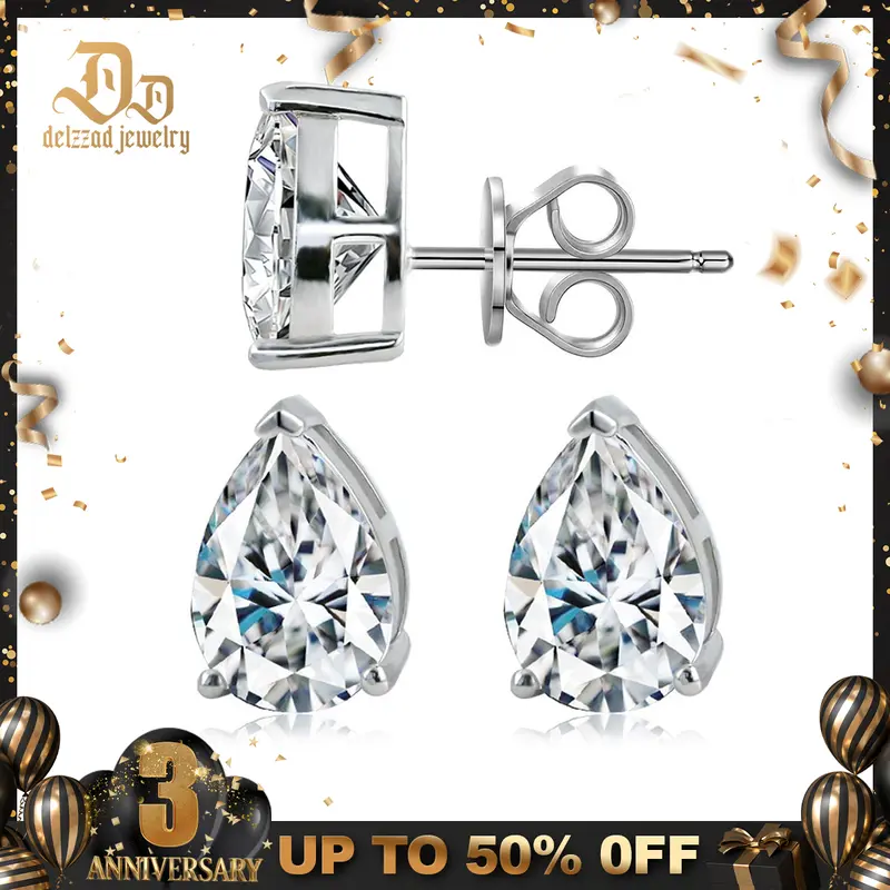 Delzzad Pear Cut Stud Earrings Lab-Created Moissanite Stud Earring S925 Sterling Silver Moissanite Jewelry Perfect Birthday Christmas Gift for Men Women Wedding Set