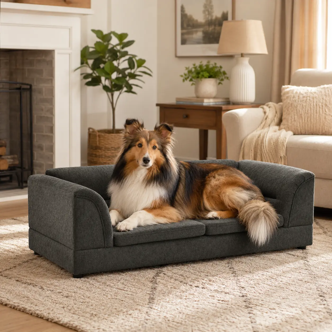 Oversized Pet Sofa for Large Dogs Curved Armrest Linen Fabric Dog Couch with Supportive Cushions for Living Room