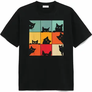 Retro Vintage Black Cats, 80s Style, Cat Owner Funny, Cat Face 70s, Lovely Kitten Tee, Peekaboo Cat Dad Gift, Cat Shirt, Funny Cat Lover Tee