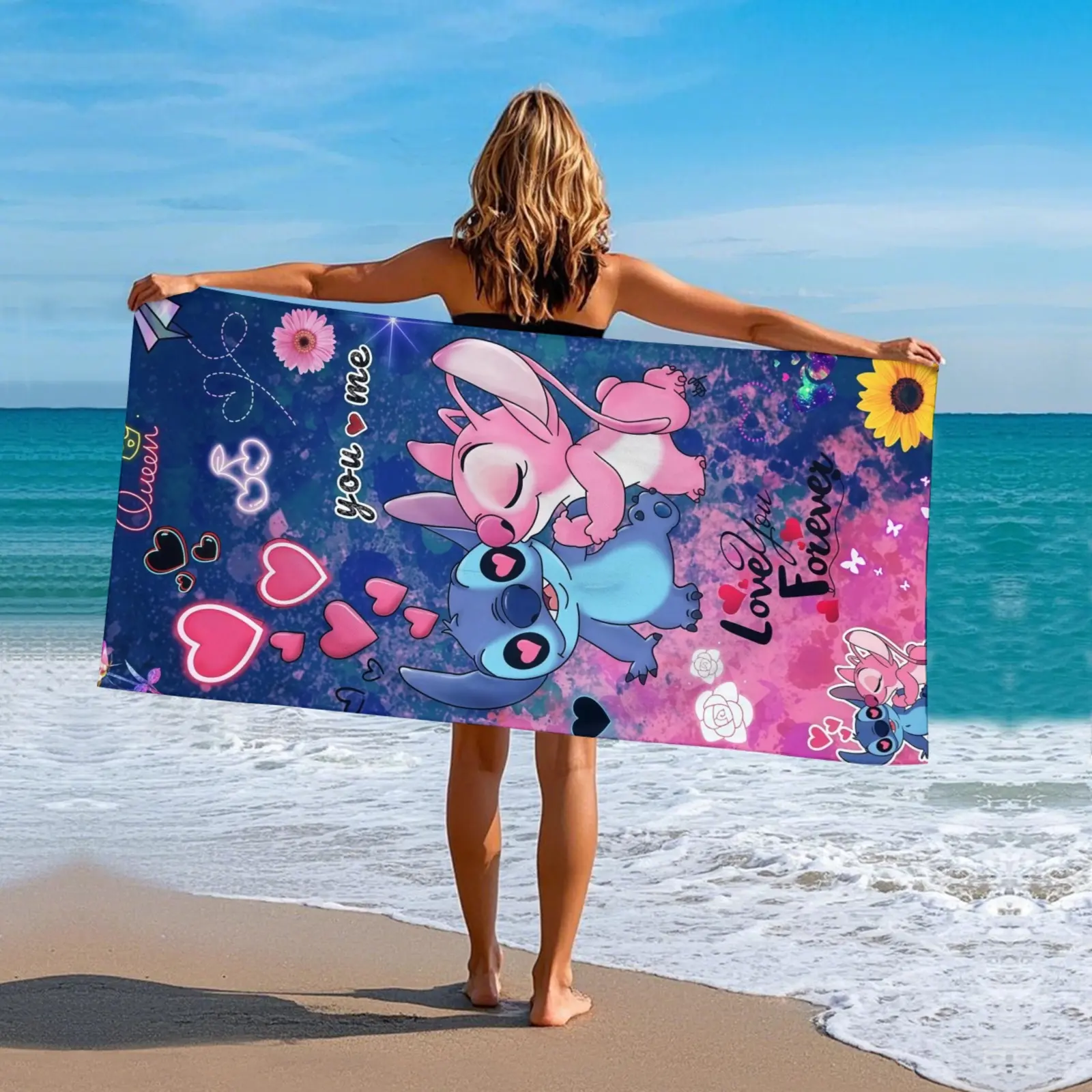 Disney Stitch Throw Beach Blanket,Purple Galaxy Angel Couple Heart Print Towel,Popular Disney Blanket For Valentine Daily Use