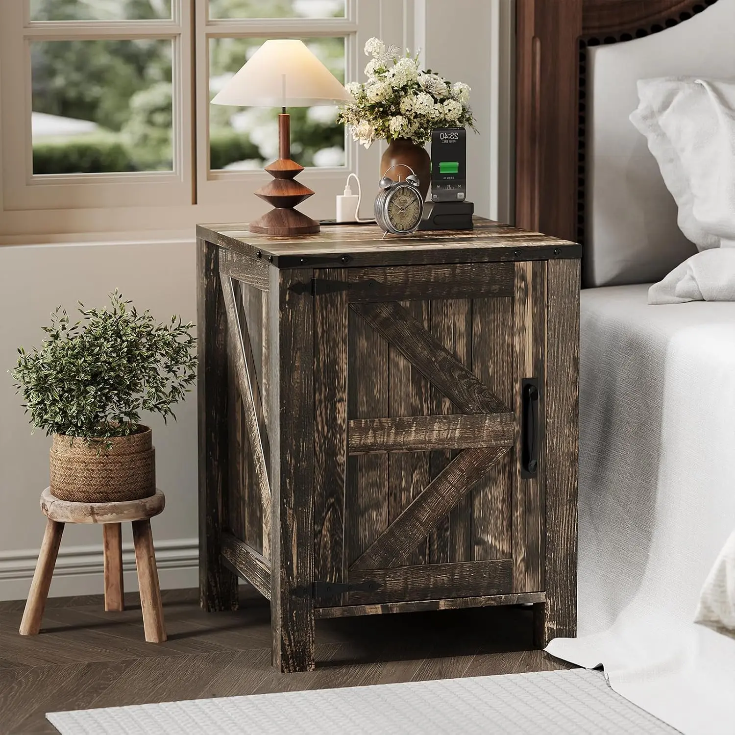 Farmhouse Bedside Cabinet with USB Charging Station, 18'' Large Tabletop, Sliding Barn Door & Adjustable Shelf for Bedroom & Living Room