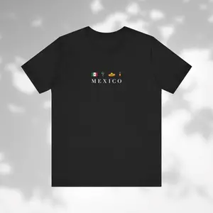 Mexico Short Sleeve T-Shirt, Black, Beige, T-shirt, Flag, Sombrero Mariachi, Hot Chili Pepper,  Cotton Crewneck