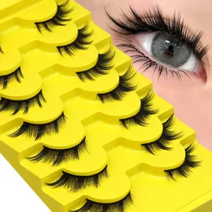GROINNEYA 7 Pairs D Crul Effect Eyelashes, Fluffy Eyelashes, Cat Eye Lashes Fake Eyelashes Natural Cross Faux Mink Eyelashes Wet Makeup Winged End Eye Elongated Spiky Soft False Eyelashes Thick Volume Eye Lashes Suitable For Glamorous Transformations