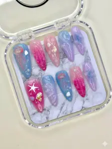 Happy Beach 3D Press-On Nails - Summer Decorative Designs with Jellyfish, Snail & Starfish for Beauty & Personal Care