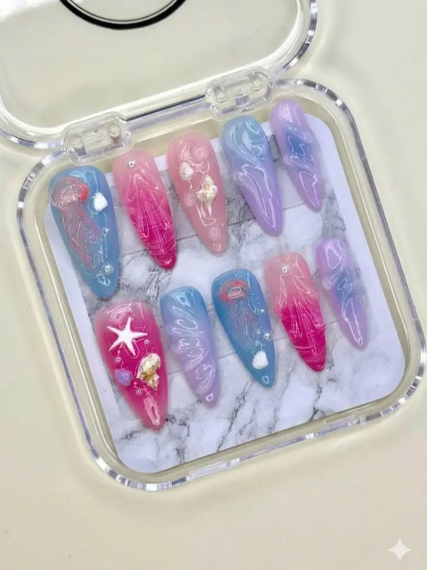 Happy Beach 3D Press-On Nails - Summer Decorative Designs with Jellyfish, Snail & Starfish for Beauty & Personal Care