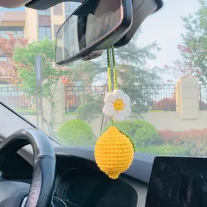 Handmade Crochet Lemon Design Car Rearview Mirror Hanging Ornament, Cute Car Interior Decoration, Car Rearview Mirror Pendant for Women & Girls, Car Interior Accessory, Car Interior Decorative