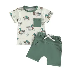 Toddler Baby Boy Summer Clothes Mallard Duck Print Short Sleeves T-Shirt Elastic Shorts 2 Piece Outfits Set