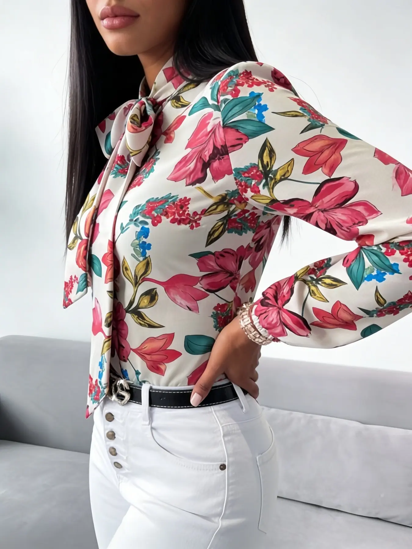 Women's Casual Fashion Colorful Flower Print Floral Bow-Tied Lantern Sleeve Shirt, suitable for spring and summer, ideal for vacations, commutes, and daily wear, Womenswear