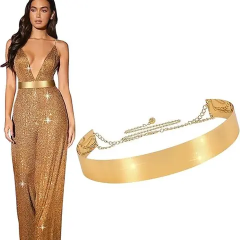 XZQTIVE Metal Waist Belt Women Shiny Polished Mirror Chain Belts Metallic Waistband Adjustable Body Link Dress Belts,clothes for back to school,first day of school outfits