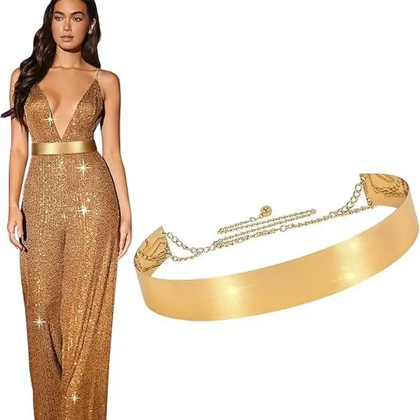 XZQTIVE Metal Waist Belt Women Shiny Polished Mirror Chain Belts Metallic Waistband Adjustable Body Link Dress Belts,clothes for back to school,first day of school outfits,sohochic