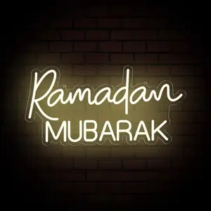 Eid Ramadan Mubarak Decorative Neon Window Lights 15 Inch LED Light with Plug-In Cord & Remote Control, Warm White Moon Design for Muslim Holiday Party