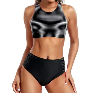 Holipick Women High Waisted Two Piece Bikini Set Racerback Bathing Suit Sporty Crop Top with Bottom for Teen Girls