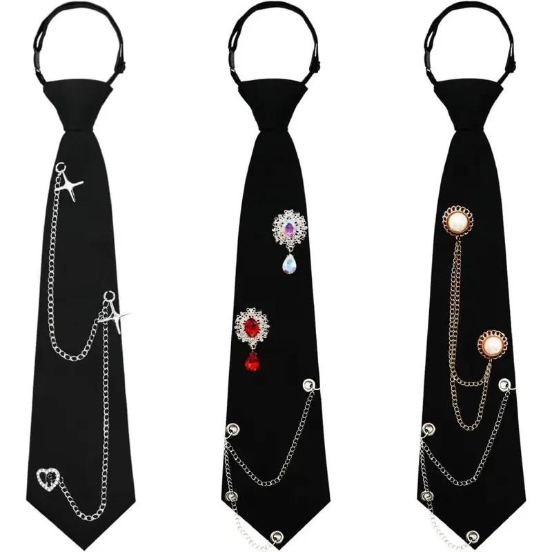 3PCS Black Ties for Women, Womens Tie with Metal Chain 2.76'' Pre-Tied Necktie for Girls School Uniform Shirt Accessory