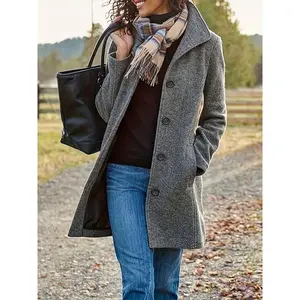 Women’s Casual Thickened Wool Blend Stand Collar Single-Breasted Pea Coat MB26324 Regular Fit Polyester Autumn/Winter Jacket