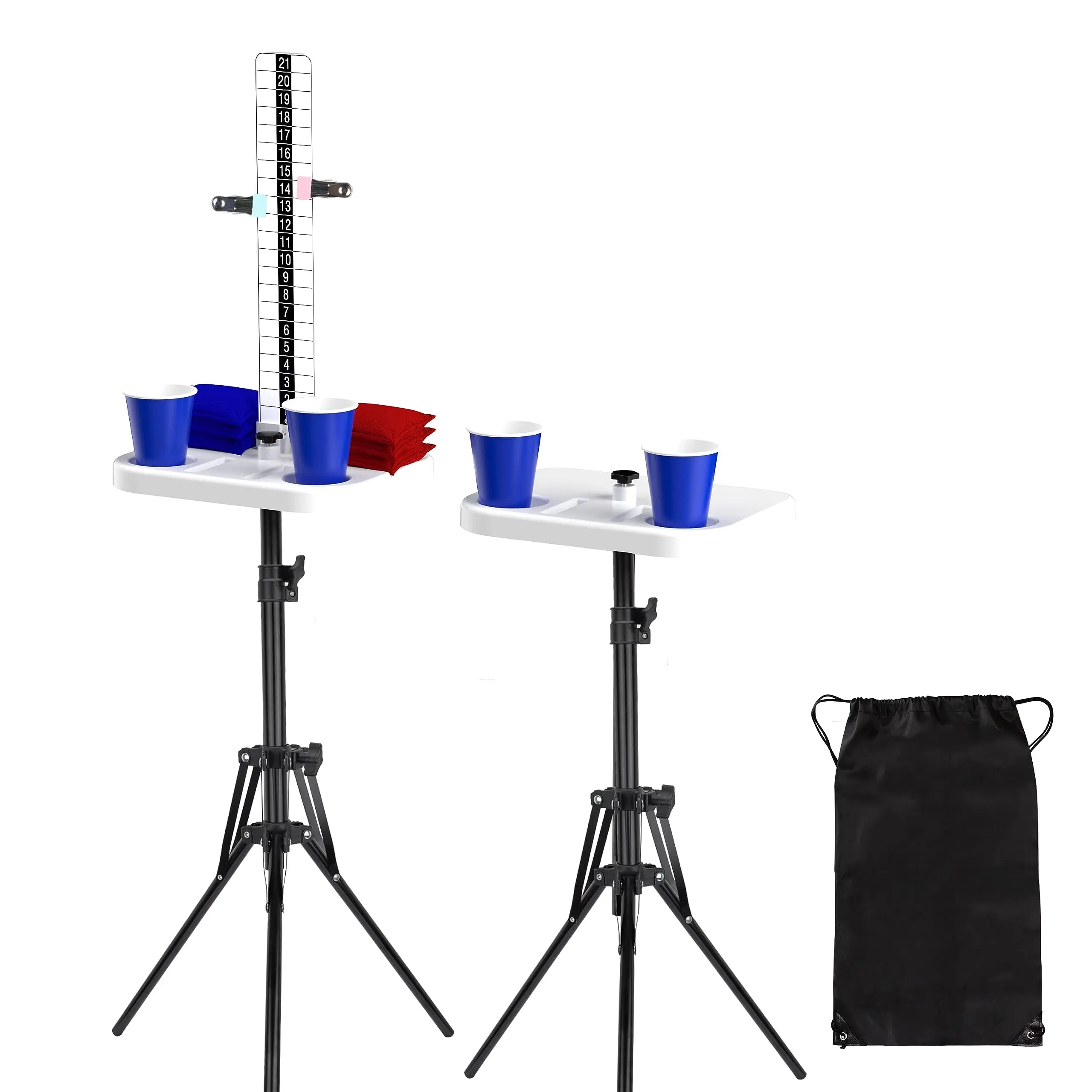 Cornhole Scoreboard Set with Adjustable Height Tripod, All-Weather Scorekeeper with Drink & Phone Holders for Outdoor Family Play