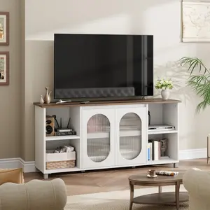 TV Stand for 60-70 Inch TVs, 63 Inch Wood Media Console with Corrugated Glass Doors and 4 Open Shelves, Modern Entertainment Cabinet for Living Room Bedroom