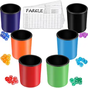 6 Pcs Dice Cup Set for Farkle Game - PU Leather Cup with 36 Colorful Dice, 6 Farkle Scorecards Set for Yahtzee Games Family Party Supplies