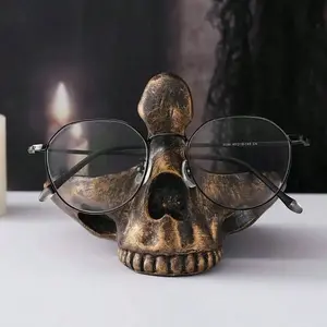Gothic skull eyeglass rack with storage tray. Novelty display stand for glasses/sunglasses. Desktop organizer (home/office). Decorative tray for nightstands, entryways. Great for bday & Xmas gifts, bedroom decor.
