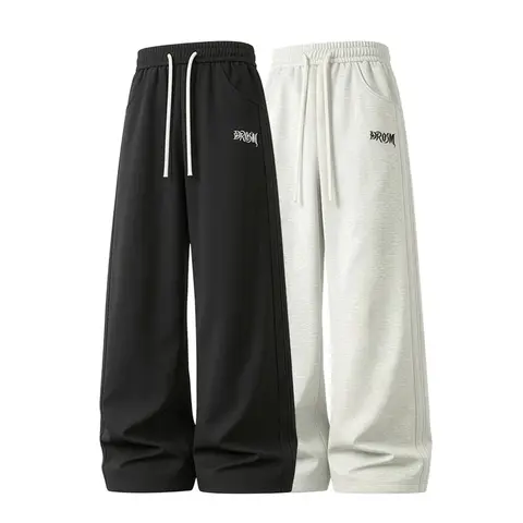 Men's Street Style Knit Sweatpants - Basic Solid Color, Loose Baggy Straight H-Type Athletic, Soft Breathable Drapey Fabric, Drawstring Waist, Year-Round Casual Gym Trousers, Menswear Apparel
