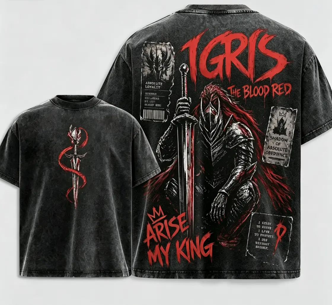 Men's Seamless Cotton Round Neck Short-Sleeve Igris Arise My King Vintage Washed T-Shirt - Solo Leveling Shadow Monarch Knight Streetwear Graphic Apparel, Shortsleeve breathable casual top seamless collar breathable short sleeve t-shirt retro staind