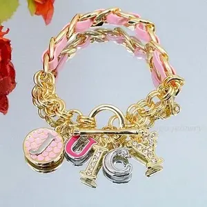 Gold-Tone Charm Bracelet with Pink Beads and Letter Charms for Women Sunshine Vibes