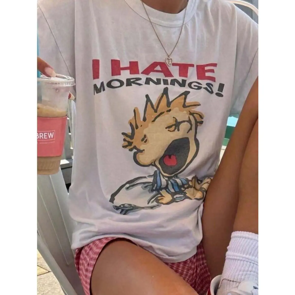 Oversized vintage “I Hate Mornings” T-shirt, retro cartoon graphic tee with a baggy fit, vintage Y2K T-shirt, vintage ’90s tee for men and women, crew neck loose tees