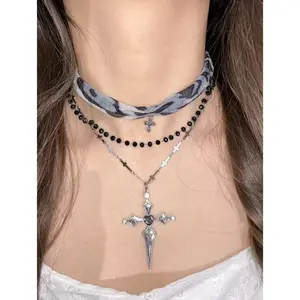 Ribbon Scarf Multi-Layer Cross Beaded Necklace| Dark Luxury Y2K Cool Stackable Clavicle Chain