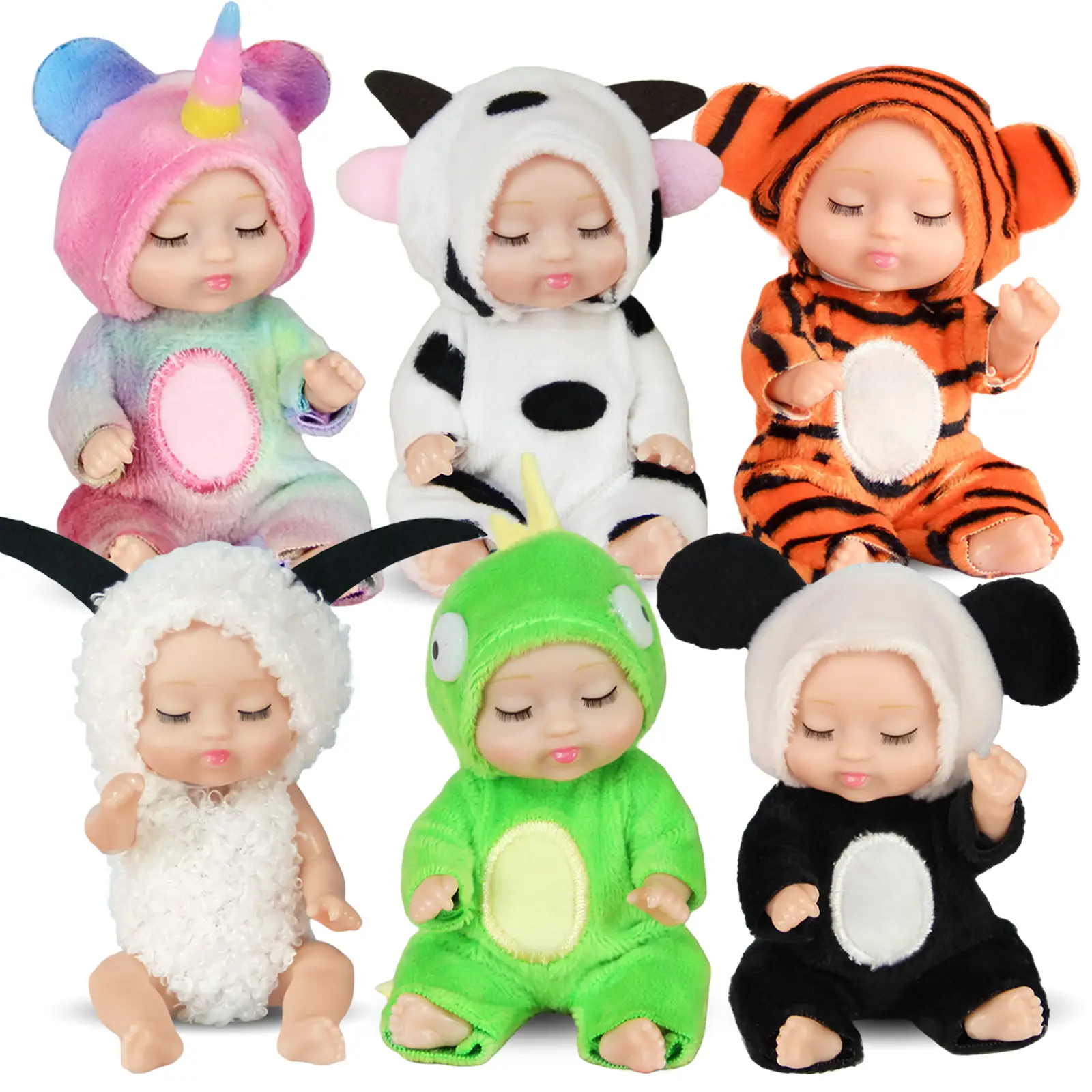 6 Pcs 4 Inch Mini Baby Dolls Lifelike Realistic Tiny Baby Dolls with Animal Clothes Cute Infant Figurine Gifts Set for Toddlers Girls Kids 3+ Graduati