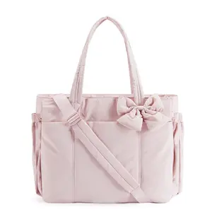 Crush Bow Tote Bag for Women - Lightweight Puffy Handbag with Multiple Compartments for Travel Work Beach Gym Removable Bow 23L Capacity 15.6" Laptop Friendly Pink Color