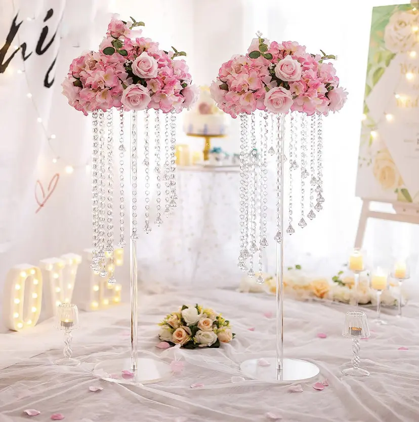 CNCEST 2-Piece Crystal Flower Stand, 23.6" Acrylic Centerpiece with Clear Column & Crystal Chains, DIY Candle Ornaments Garland Ribbon for Ceremony Home Festive Decor