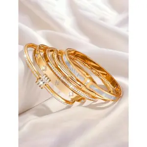 5pcs exquisite stainless steel bracelet set, rhinestone decoration, 18K gold plating, fashionable style, suitable for couples, families, daily wear, Gold Plated Bracelet