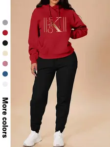 Spring Fall Thin Women's Casual Hooded Sweatshirt Set, Long Sleeve Letter Print Top + Pants, Fitted Sportswear with Pockets