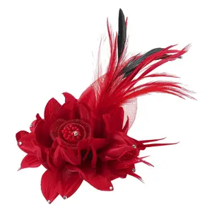 Floral Hair Clip, 1 count Elegant Flower  Brooch Pin Hat Silk Wedding Party Dance Banquet Pins Accessories Camellia Charm Lady Dress Suit, Red with Black Feathers