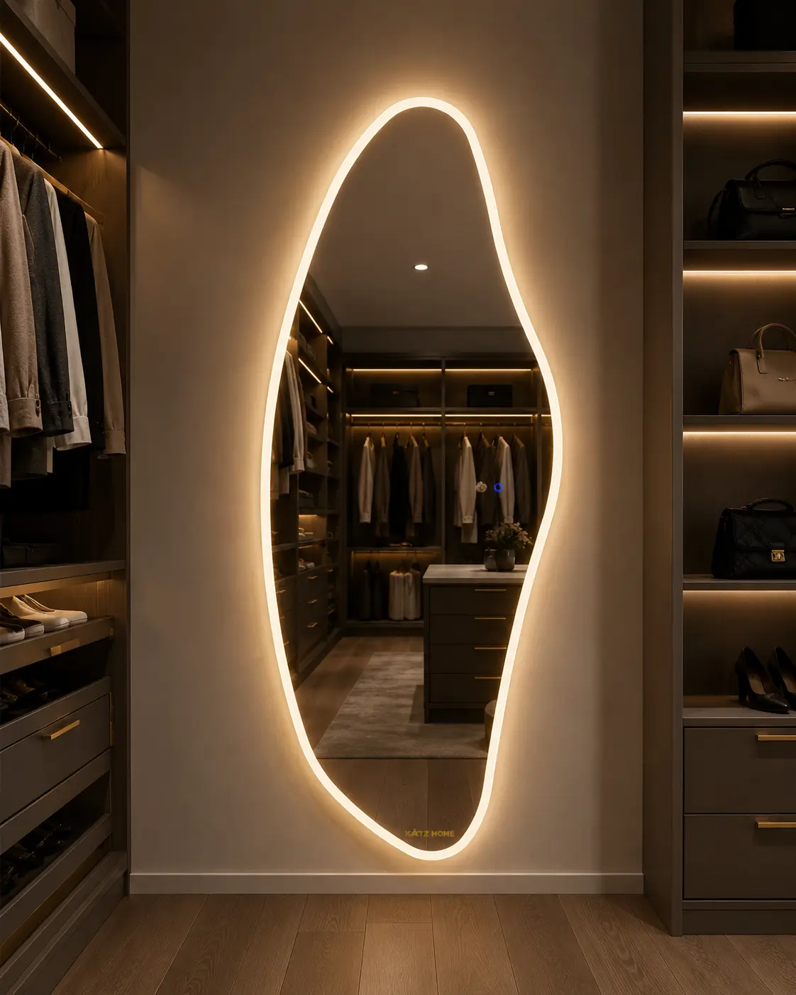Modern Irregular Shape LED Full Length Mirror, Frameless Tempered Glass Wavy Mirror with Adjustable 3 Color Lighting, Touch Sensor Wall Mirror, Decorative Full Body Mirror for Bedroom, Dressing Room & Living Space