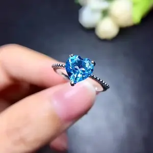 925 Sterling Silver Blue Aquamarine Heart Shaped Ring